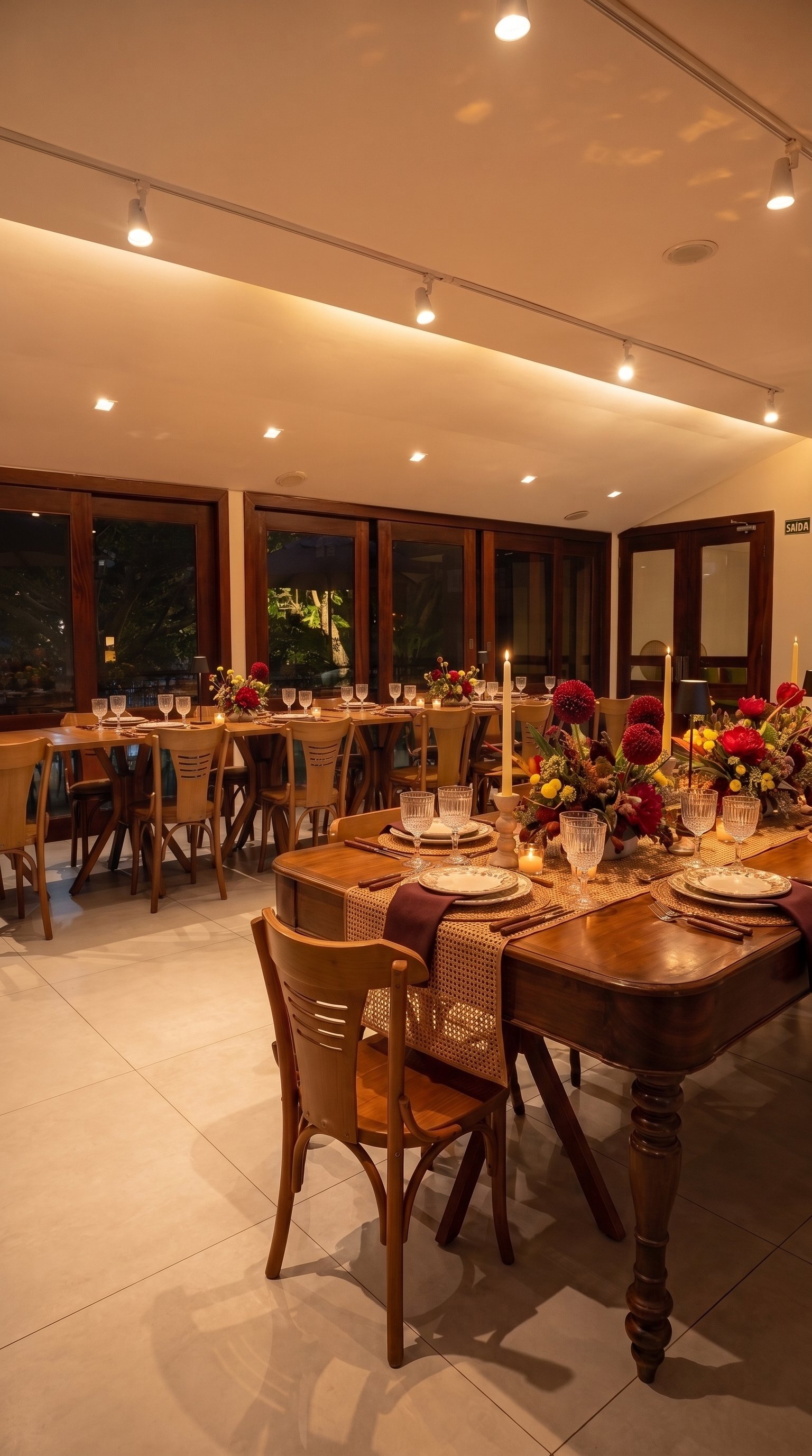 Salão do Terrazo montado ao entardecer, com mesas de madeira, arranjos florais e velas acesas, espaço de eventos no Cocó, em Fortaleza