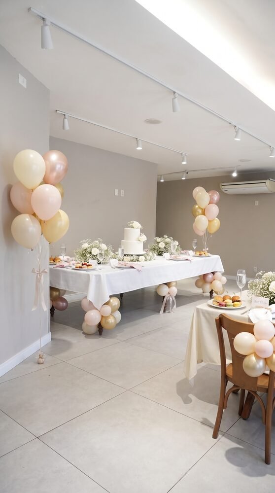 Decoração em tons pastel com balões e bolo para chá de bebê no Terrazo, em Fortaleza, no Cocó