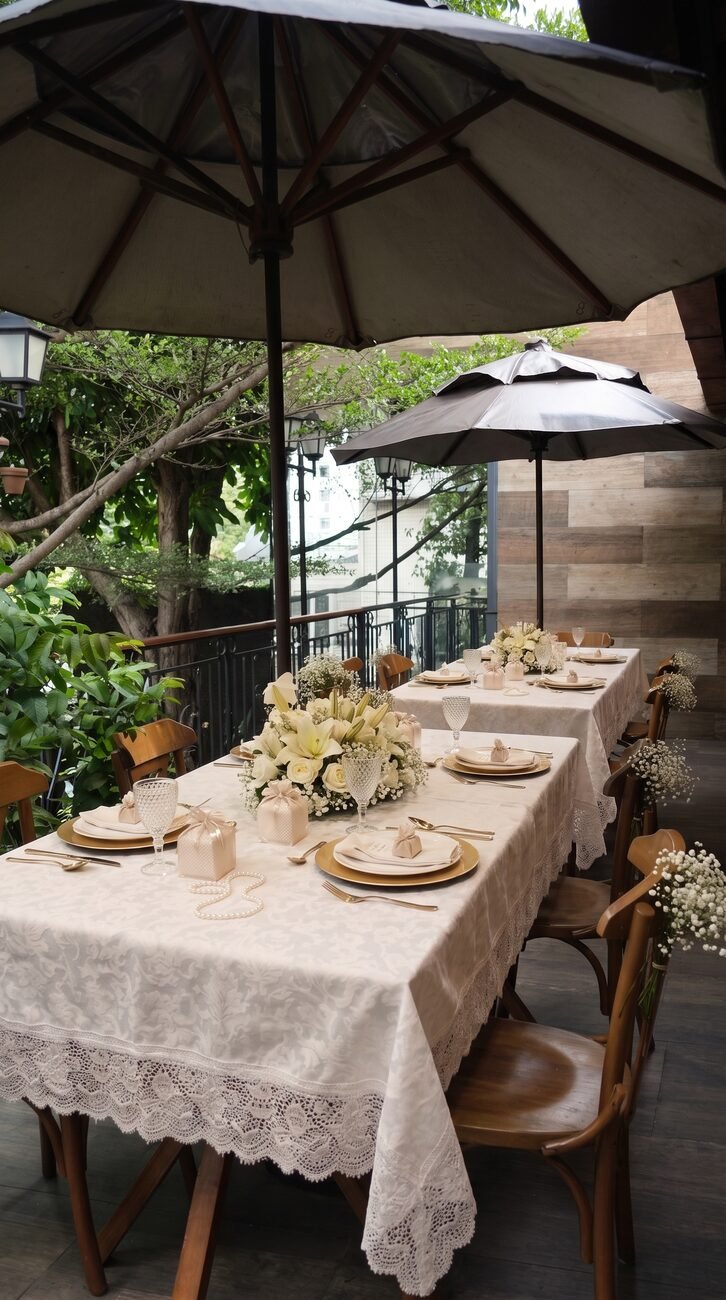 Mesa posta na varanda do Terrazo sob guarda-sol, com toalha de renda e arranjos florais, espaço de eventos no Cocó, em Fortaleza